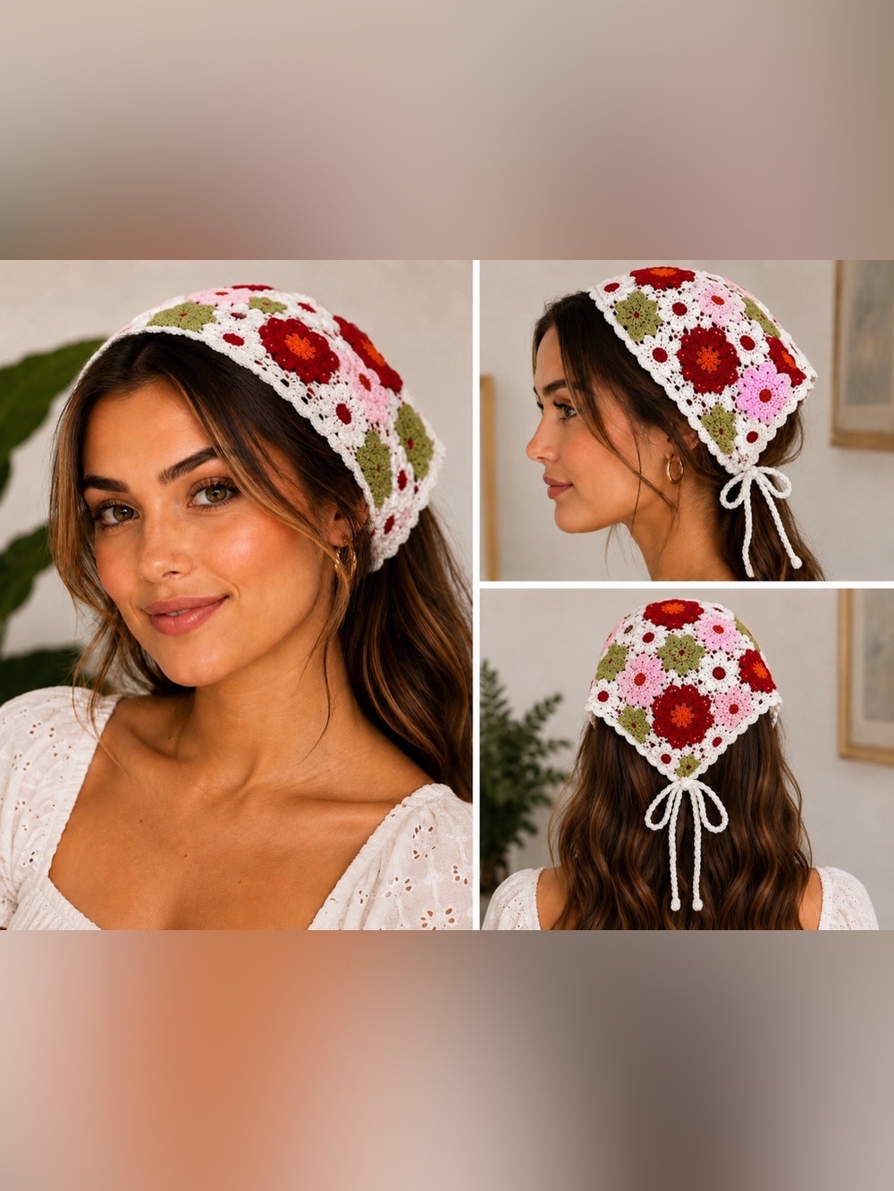 Hand Crocheted Floral Head Wrap Boho Bandana Cottagecore